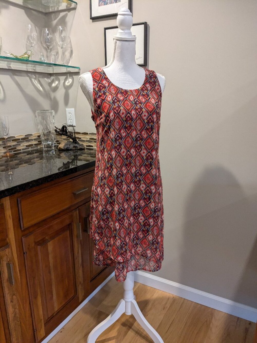 Cato Geometric Ikat Print High-Low Sleeveless Sheath Maxi Dress Size 10